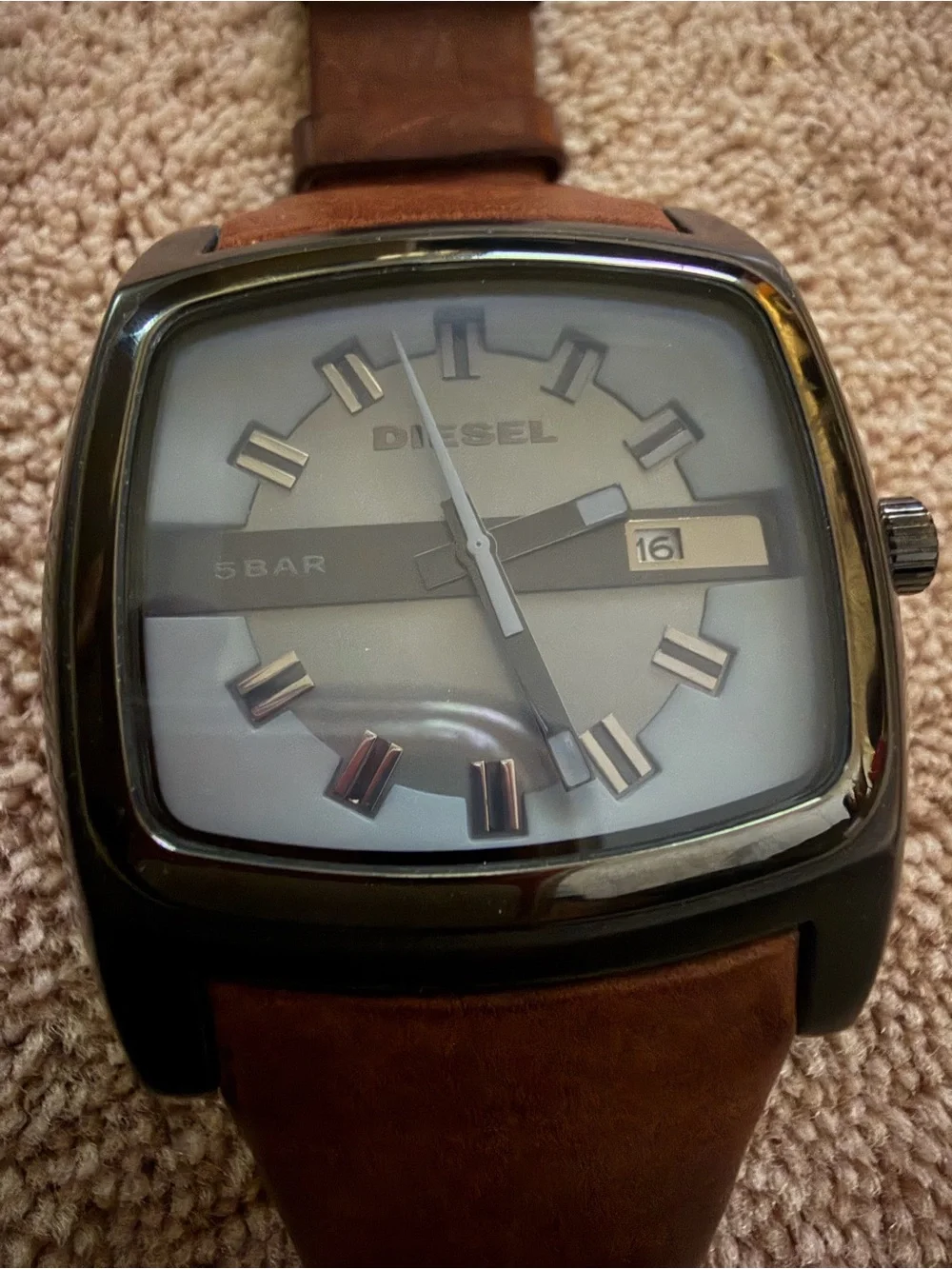 Diesel Brown Leather Strap Watch with Black Case and Gray Dial